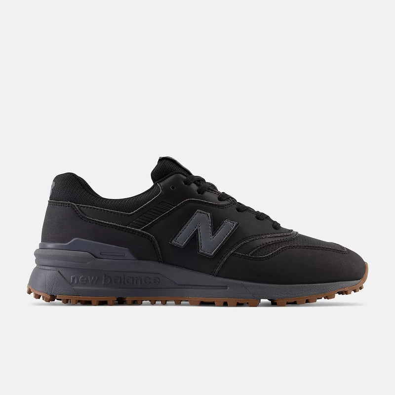 New Balance Golf 997 SL Golf shoes in black with synthetic upper, signature "N" logo, and spikeless gum outsole, side view.