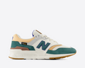 New Balance 997H sneakers in off-white, teal, and tan with suede overlays and a lightweight EVA midsole, side view.