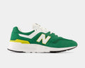 New Balance 997H sneakers in green, white, and yellow with suede and mesh upper, side view.