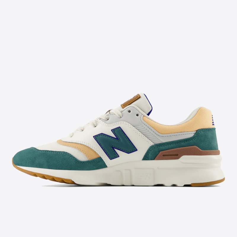 New Balance 997H sneakers in white, teal, beige, and brown with suede overlays, mesh upper, and padded collar, side view.