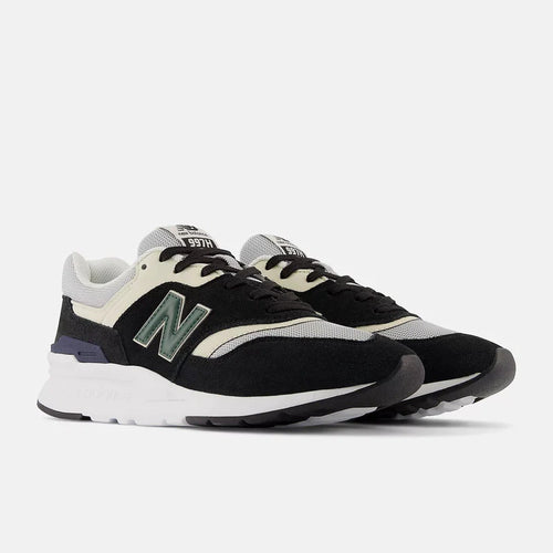 New Balance 997H sneakers in black, white, and gray with suede accents and mesh details, front angled view.