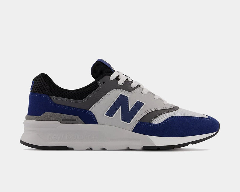 New Balance 997H sneakers in gray, blue, and white with mesh and suede upper, side view showcasing iconic "N" logo.