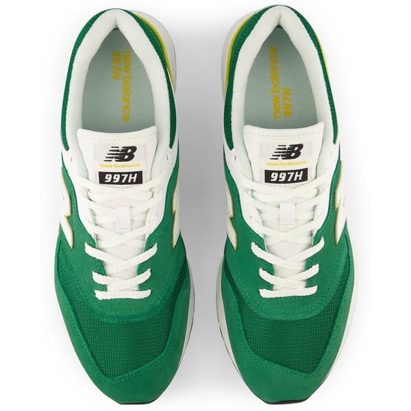 New Balance 997H sneakers with green suede and mesh upper, white laces, and branded tongue, top view.