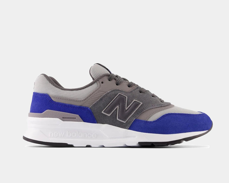 New Balance 997H lifestyle sneakers in gray and blue with suede overlays and mesh upper, side view.