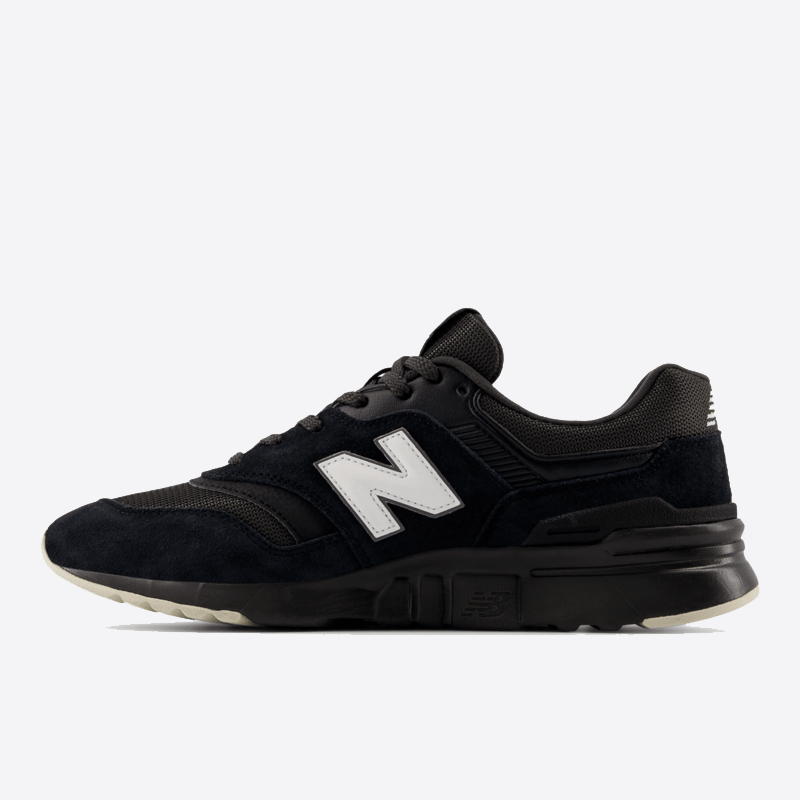 New Balance 997H sneakers in black suede and mesh with white logo and gray accents, side view showing midsole design.