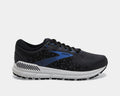 Brooks Addiction GTS 15 running shoes in black with blue accents, GuideRails support system, and mesh upper, side view.