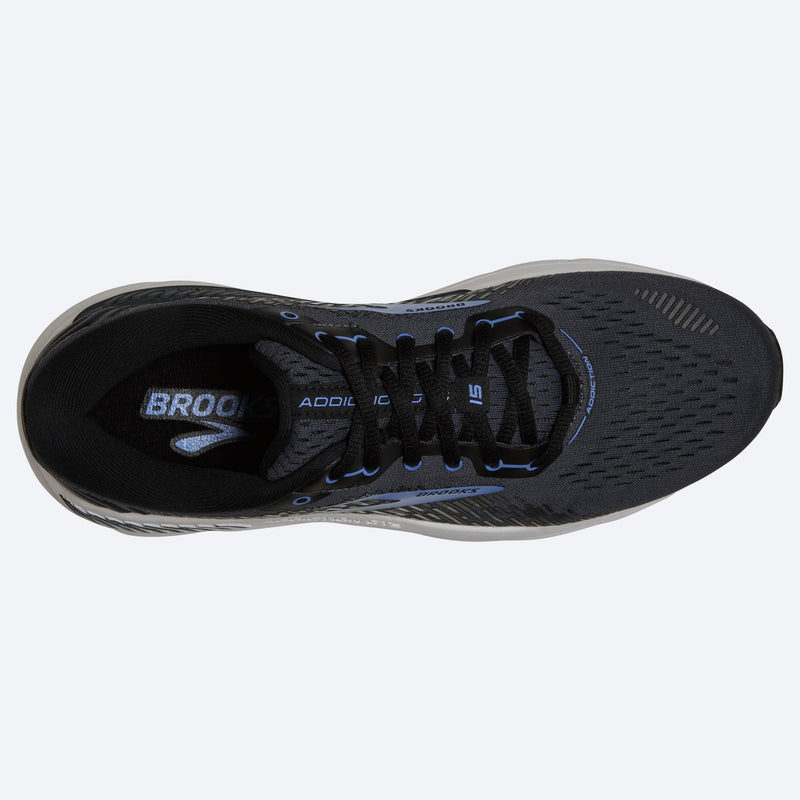 Brooks Addiction GTS 15 running shoes top view showing black mesh upper, lace system, and supportive insole detailing.