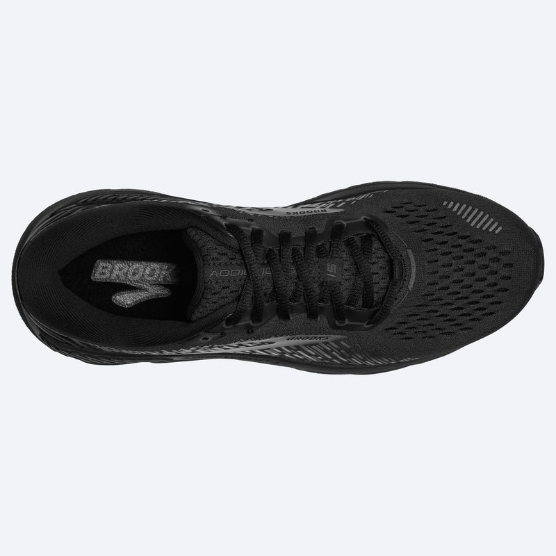 Brooks Addiction GTS 15 running shoes in black with engineered mesh upper and lace closure system, top view.