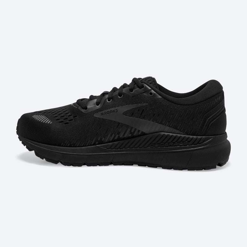 Brooks Addiction GTS 15 running shoes in black with engineered mesh upper and GuideRails support system, side view.