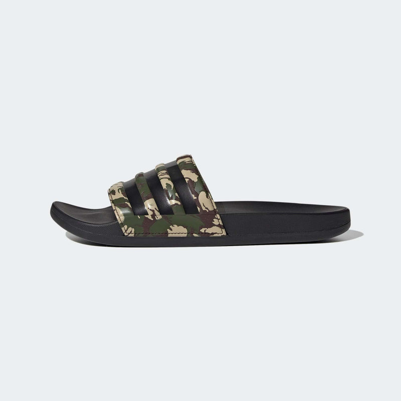 Adidas Adilette Comfort sandals in black with green and beige camouflage strap, side view