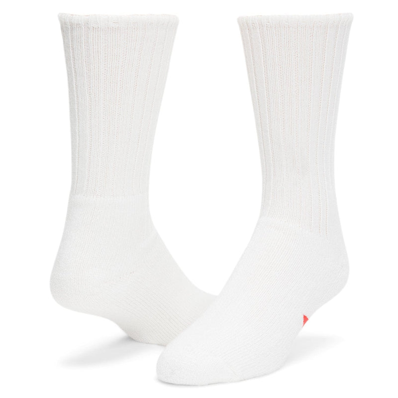 Wigwam Advantage socks in white with ribbed cuff and reinforced toe and heel, front angle view.