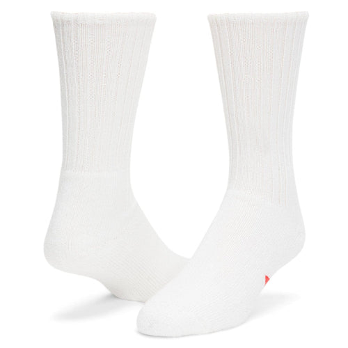 Wigwam Advantage socks in white with ribbed cuff and reinforced toe and heel, front angle view.