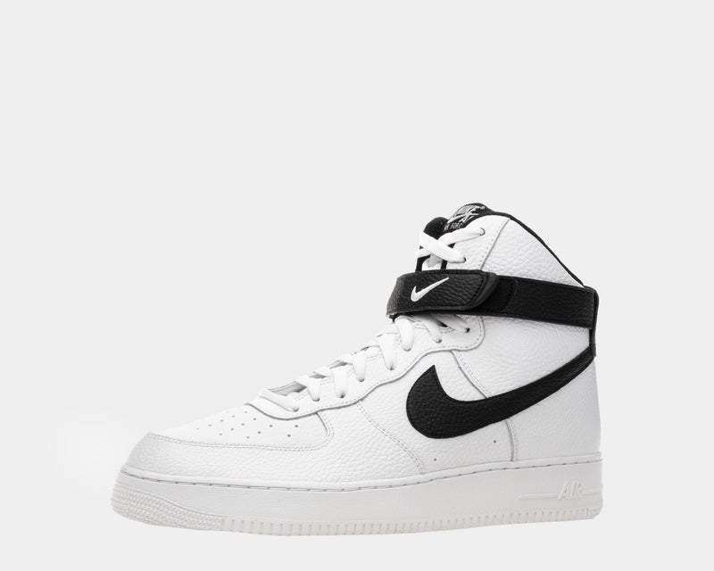 Nike Air Force 1 07 High sneakers in white leather with black Swoosh and ankle strap, side view.