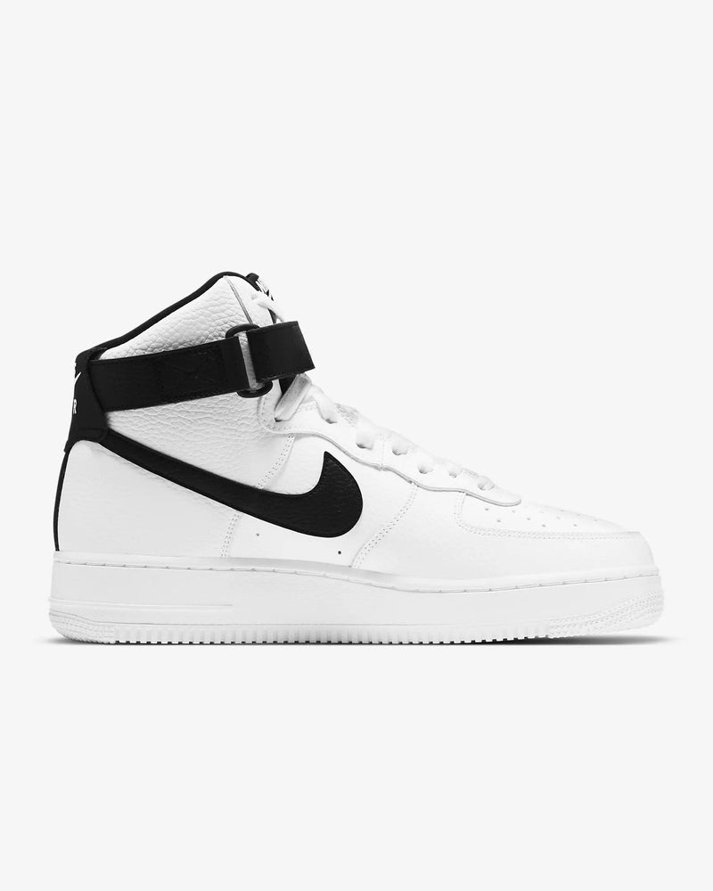 Nike Air Force 1 07 High sneakers in white leather with black accents, side view showing ankle strap and iconic Swoosh logo.