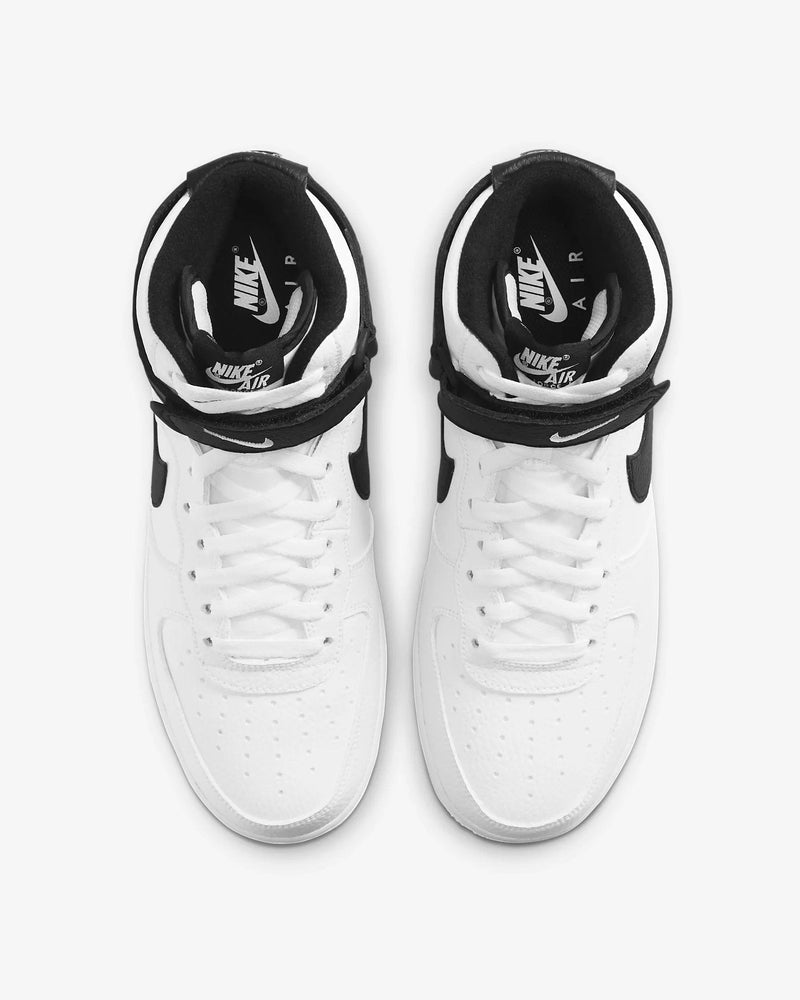 Nike Air Force 1 07 High sneakers in white leather with black detailing, perforated toe box, and strap closure, top view.
