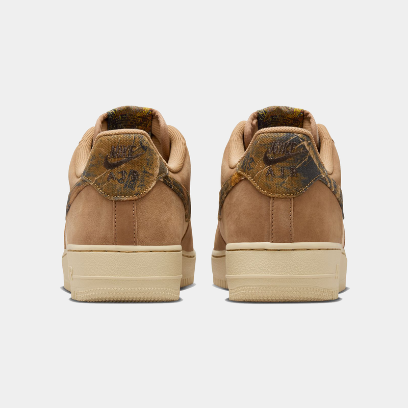 Nike Air Force 1 '07 RealTree sneakers back view, featuring tan suede uppers, RealTree camo accents, and rubber outsole in beige.