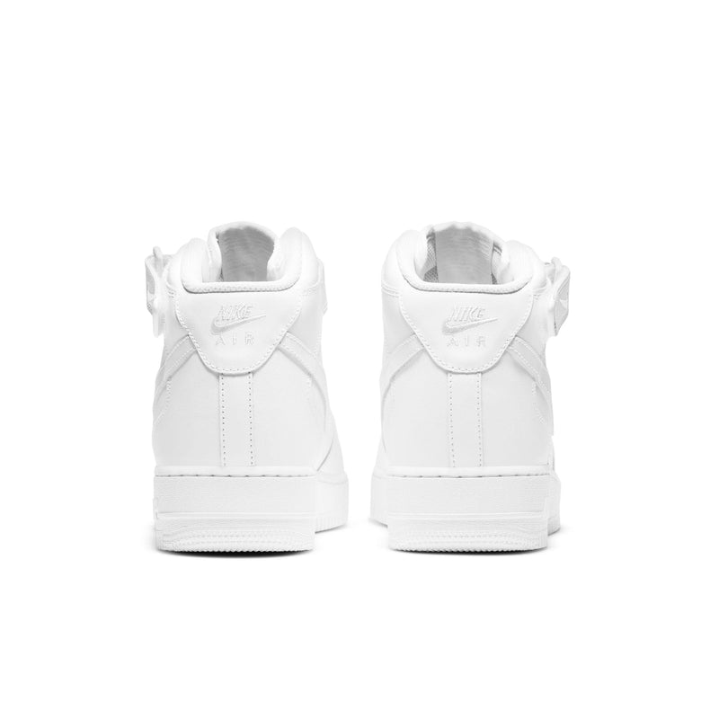 Nike Air Force 1 Mid '07 sneakers in all-white leather with embossed branding and ankle strap, back view