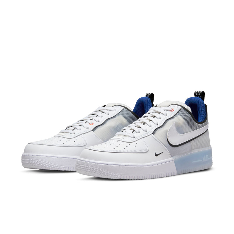 Nike Air Force 1 React sneakers in white with translucent mesh panels, blue inner lining, and React cushioning, angled front view.
