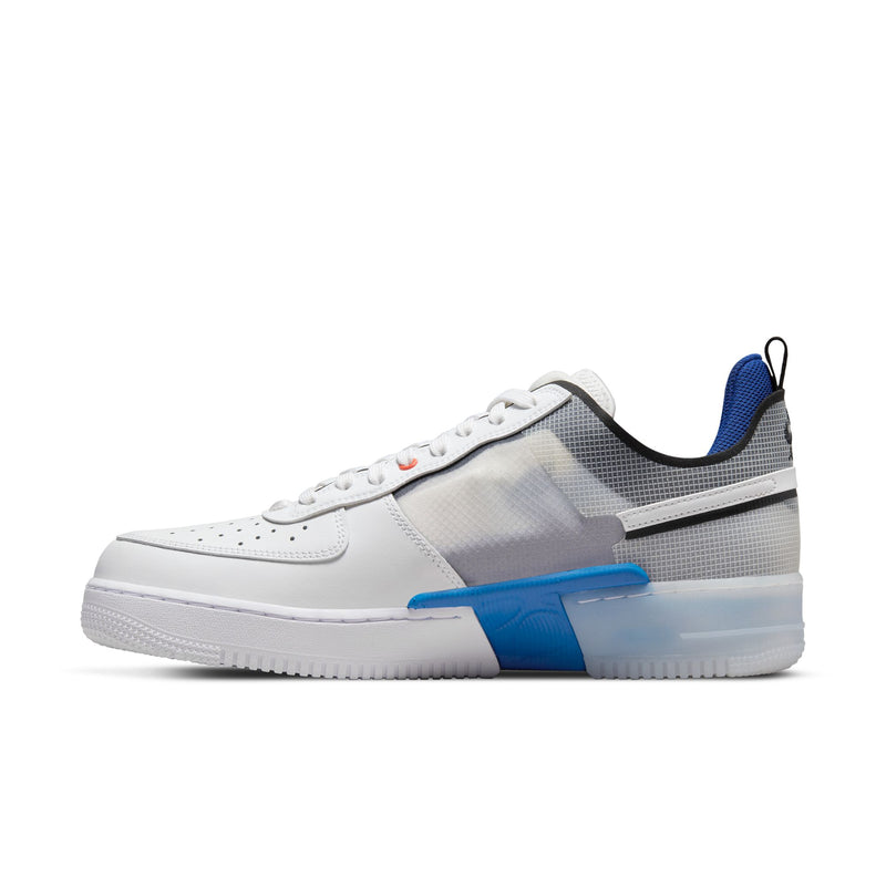 Nike Air Force 1 React sneakers in white with translucent panels, blue accents, and textured sole, side view.