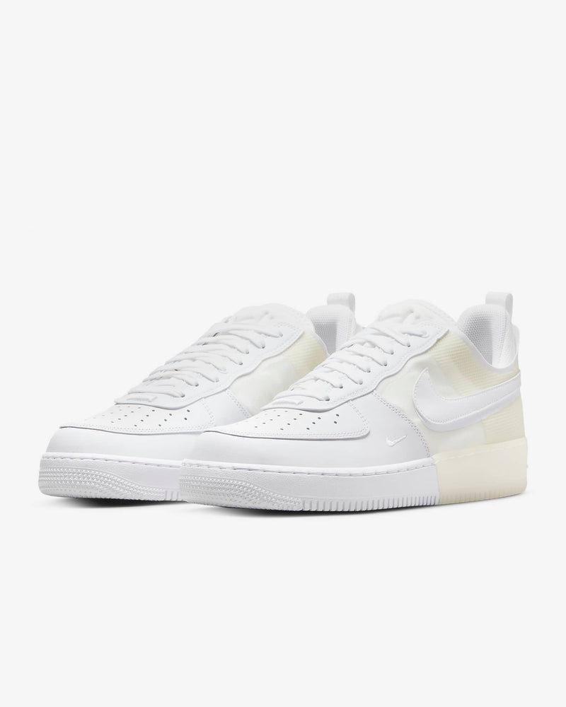 Nike Air Force 1 React sneakers in white with leather upper, translucent accents, and React foam midsole, front angled view.