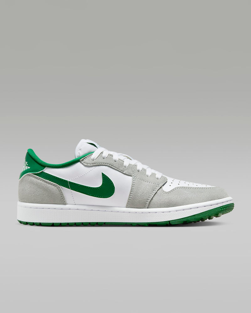 Nike Air Jordan 1 Low G sneakers in white, gray suede, and green leather with signature Swoosh logo, side view.