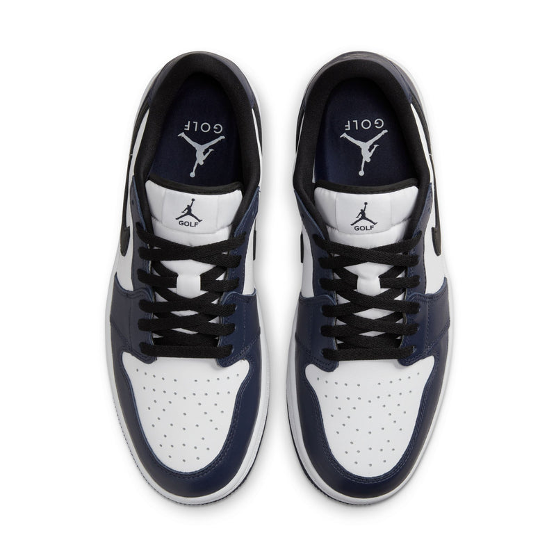 Nike Air Jordan 1 Low G golf shoes top view showing white perforated toe box, navy overlays, black laces, and Jumpman branding.