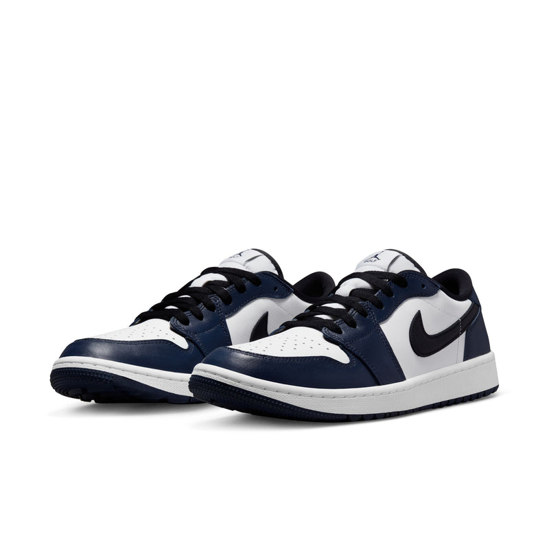 Nike Air Jordan 1 Low G sneakers in white and navy blue with leather upper and black Swoosh logo, front angle view.