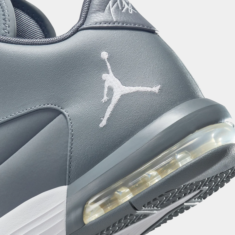 "Nike Air Jordan Flight Origin 3 sneakers in gray with white Jumpman logo, visible Air-Sole unit, and textured sole, side heel close-up"