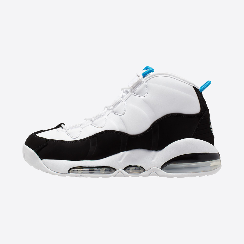 Nike Air Max Uptempo '95 basketball shoes in white, black, and blue with visible Air cushioning, side view