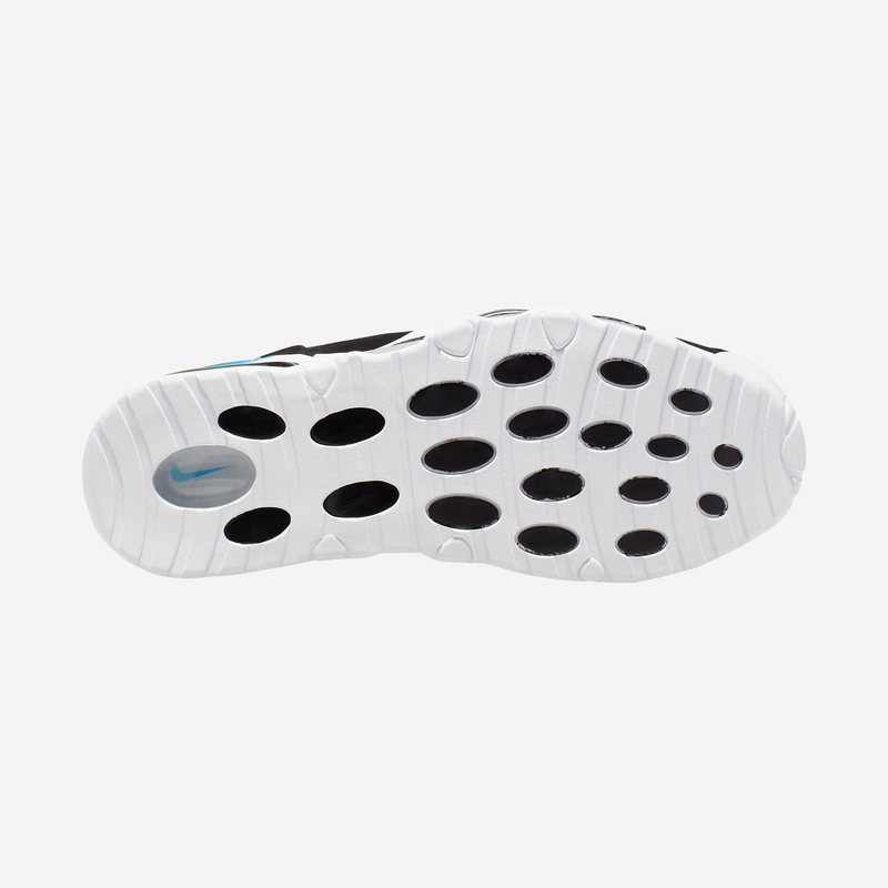 Nike Air Max Uptempo '95 basketball shoes outsole in white rubber with visible Air Max cushioning and black tread pods, bottom view.