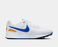 Nike Air Pegasus 89' G sneakers in white with blue Swoosh logo, orange mesh accents, and textured outsole, side view.