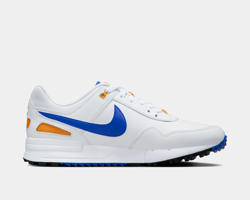 Nike Air Pegasus 89' G sneakers in white with blue Swoosh logo, orange mesh accents, and textured outsole, side view.