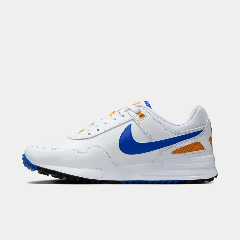 Nike Air Pegasus 89' G sneakers, side view showing white leather upper, blue Swoosh logo, orange accents, and black and blue outsole.