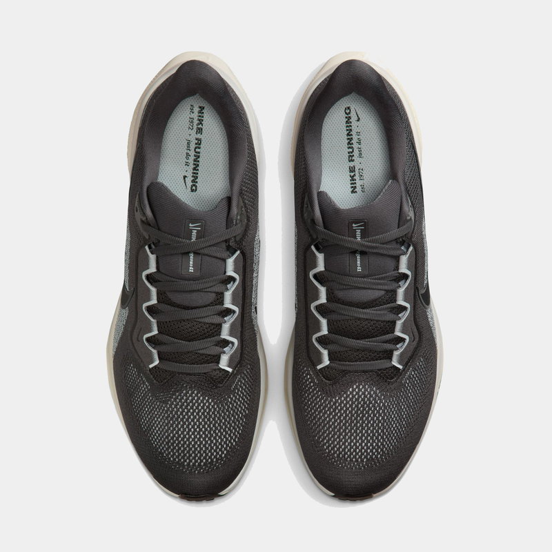 Pair of black Nike running shoes on a white background