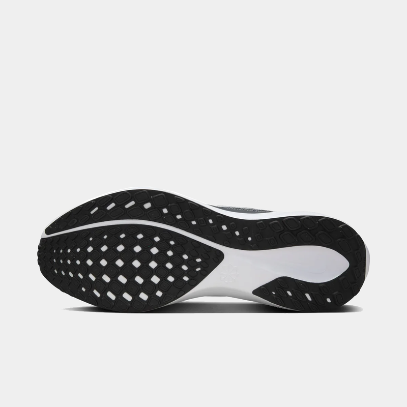 A pair of black and white Nike Air Zoom Pegasus 41 running shoes soleon a white background.