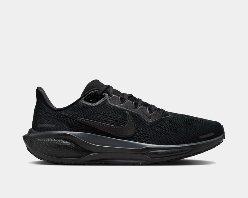 A pair of black Nike Air Zoom Pegasus 41 running shoes with white accents and a blue sole.