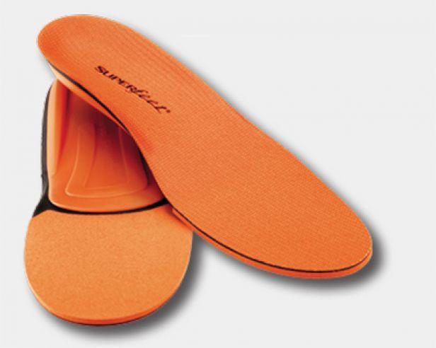 SuperFeet All-Purpose High Impact Support Insole in bright orange with durable surface and cushioning, angled view.