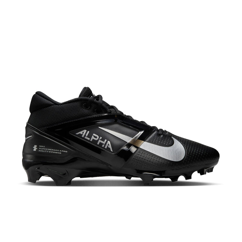 Nike Alpha Menace Elite 4 football cleats in black with silver accents, textured upper, and spike plate, side view.