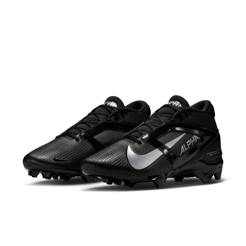 Nike Alpha Menace Elite 4 football cleats in black with metallic silver accents, perforated upper, and angular stud outsole, front angle view.