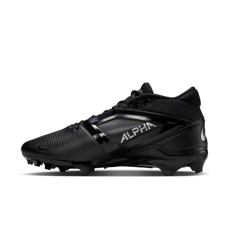 Nike Alpha Menace Elite 4 football cleats in black with mesh upper, perforated detailing, and metallic accents, side view.