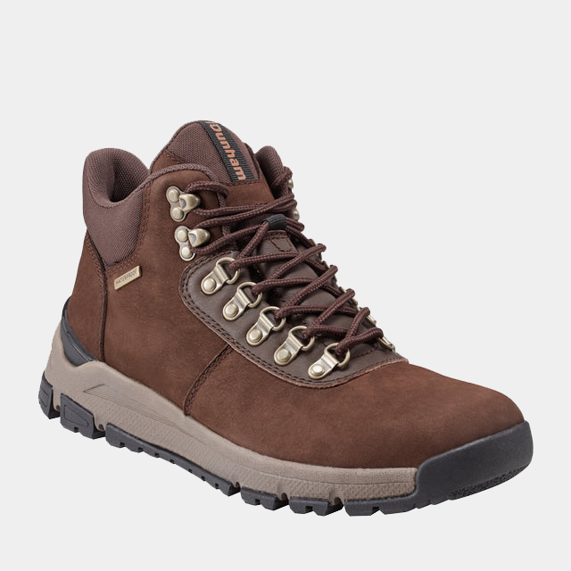 Dunham Alpine Waterproof Casual Lace-up Mid Boots in brown leather with metal eyelets, padded collar, and durable outsole, side view.