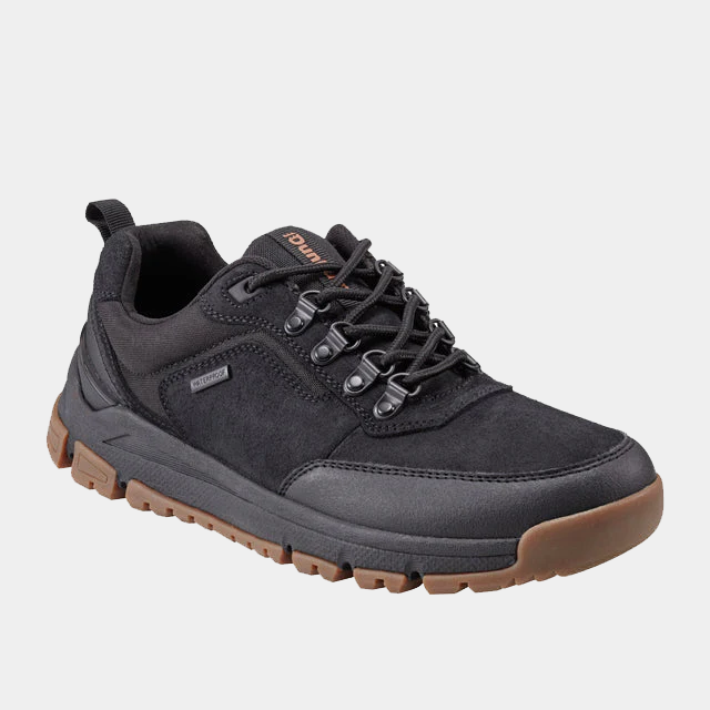 Dunham Alpine Waterproof Casual Lace-up Shoes in black with durable suede upper, waterproof construction, and brown rubber outsole, side angle.