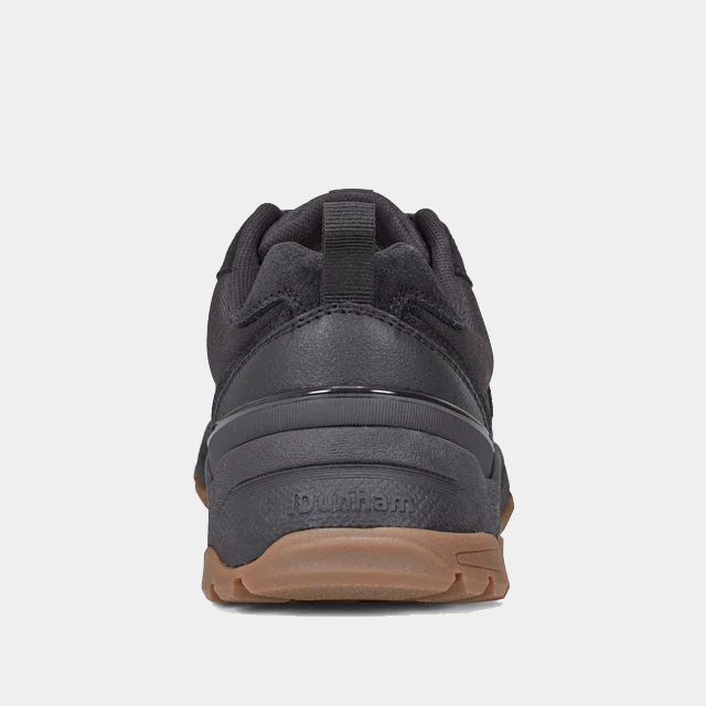 Dunham Alpine Waterproof Casual Lace-up Shoes back view, black upper with durable waterproof materials and brown rubber outsole.