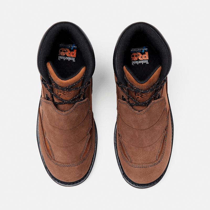 Timberland Pro Ambridge Met Guard 6" Composite Toe Work Boot in brown leather with black padded collar and lace-up closure, top view.