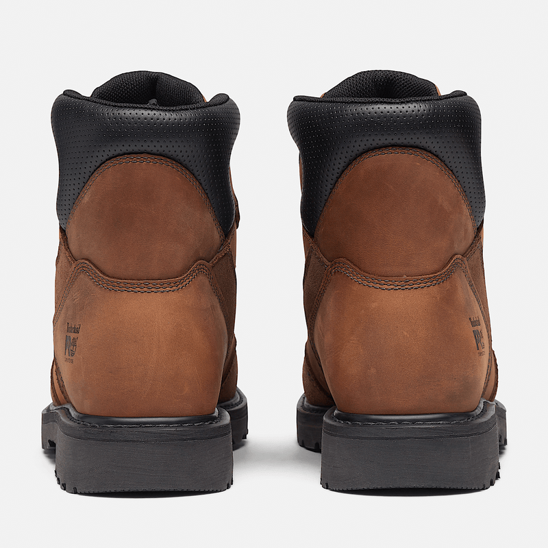Timberland Pro Ambridge Met Guard 6" Composite Toe Work Boot back view showing brown leather upper, black padded collar, and durable sole.