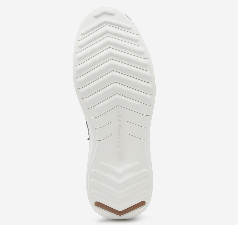 Johnston & Murphy Amherst 2.0 Knit Plain Toe shoe outsole in white with tread pattern and branding, sole/bottom view.