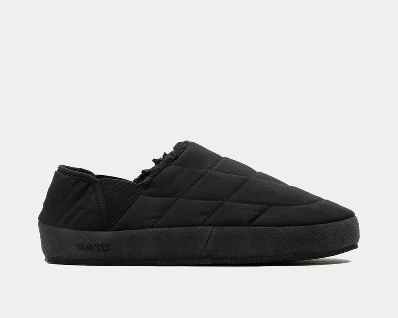SeaVees Apres Puff Slip On shoes in black with quilted fabric and cushioned sole, side view.