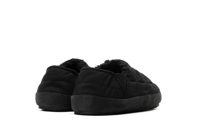 SeaVees Apres Puff Slip On shoes in black, quilted upper with plush lining and sturdy rubber sole, back view.
