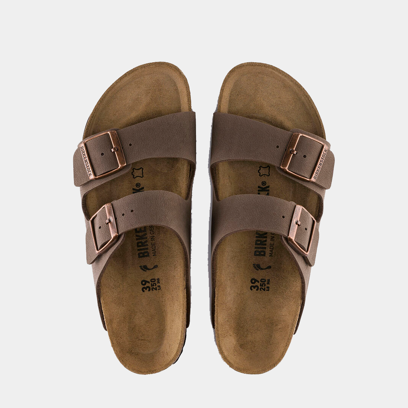 Birkenstock Arizona Birko-Flor® Nubuck sandals in mocha brown with dual adjustable straps and copper buckles, top view.