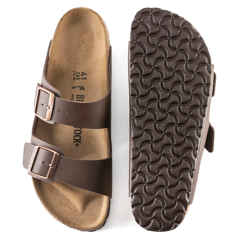 Birkenstock Arizona Birko-Flor® sandals in dark brown with adjustable buckled straps, contoured cork footbed, and textured rubber outsole, top and sole view.